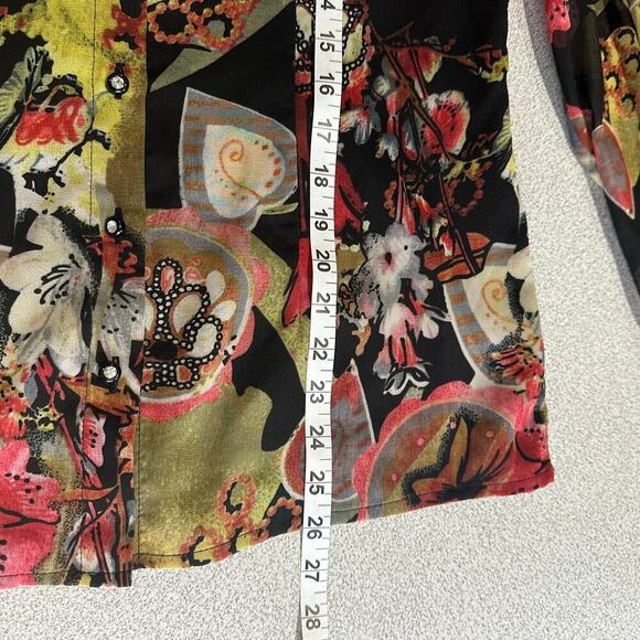 J Peterman Sz 8 Chiffon Abstract Print Button Up Blouse Rhinestones Velvet Trim - Picture 6 of 10